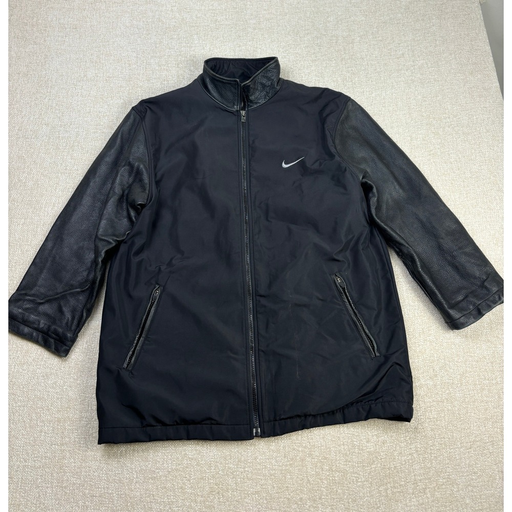 Nike 02 Series Mens XS Black Leather Sleeve Nylon Full Zip Jacket Made in Canada